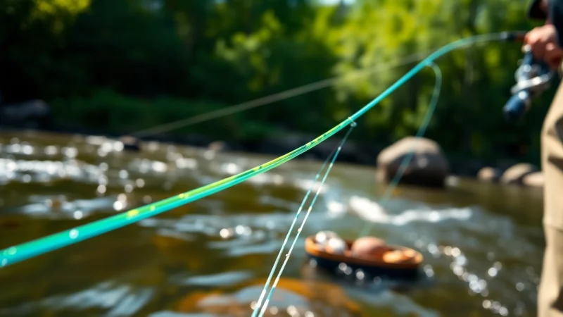 Cast your fly fishing line through a serene river, showcasing vibrant colors and tranquil surroundings.