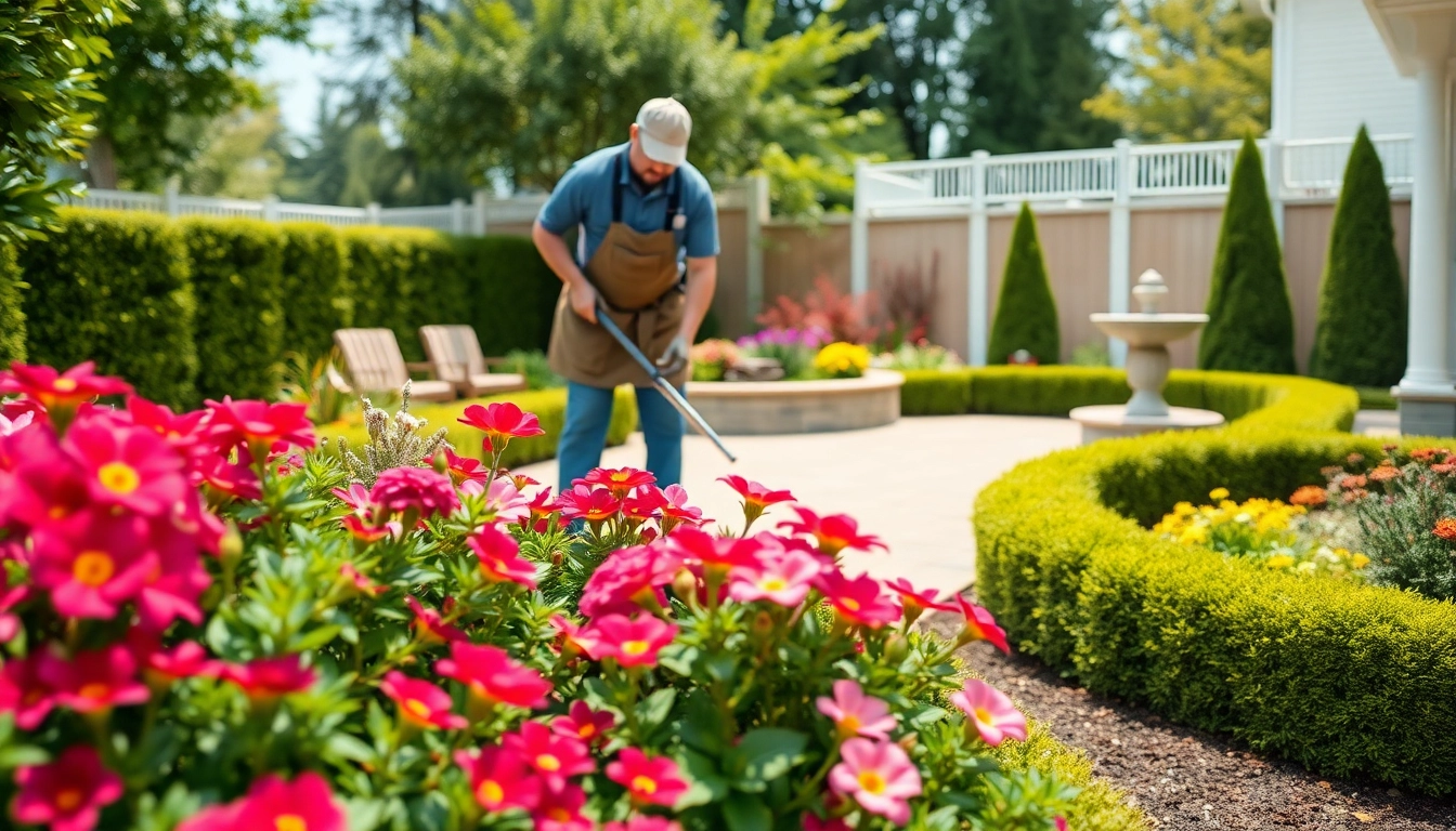 Skilled landscaping contractor Coquitlam enhancing a vibrant garden with flowers and patio.