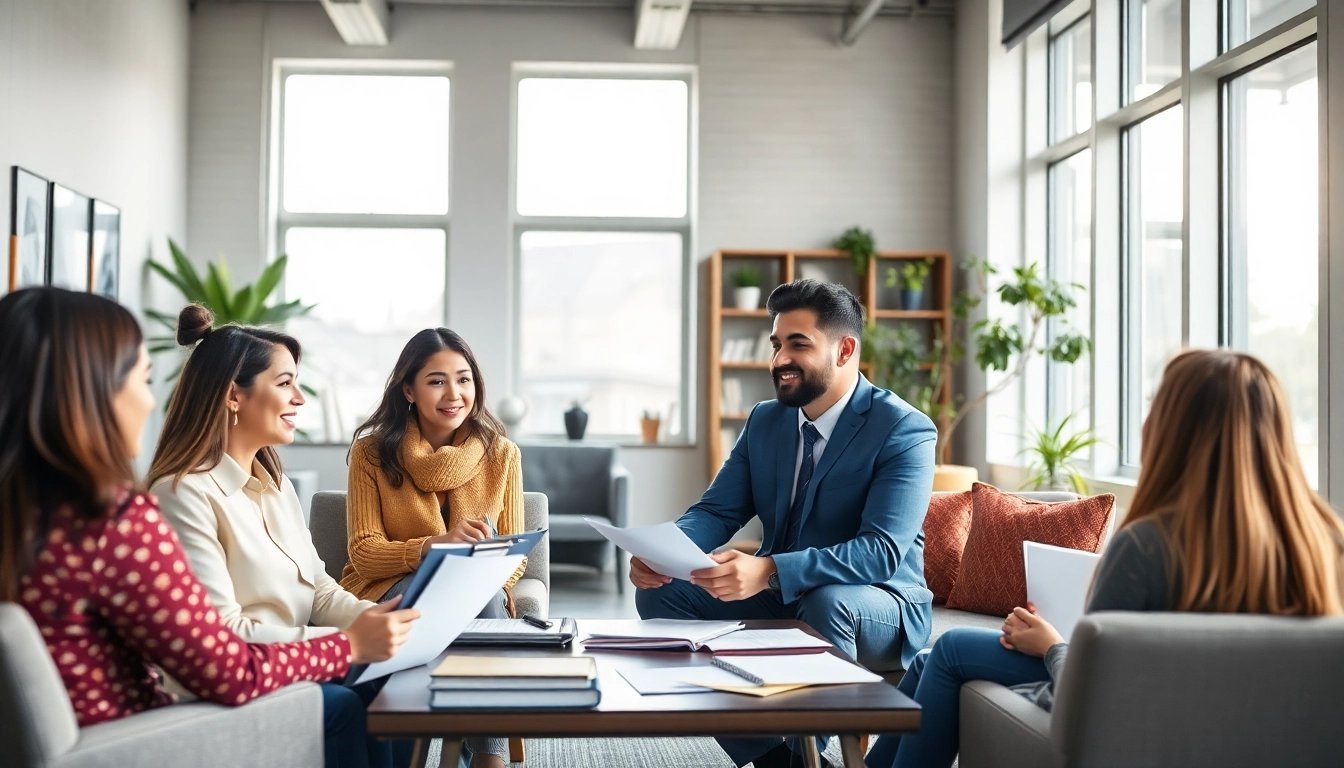 Immigration Consultant advising clients in a modern office environment.