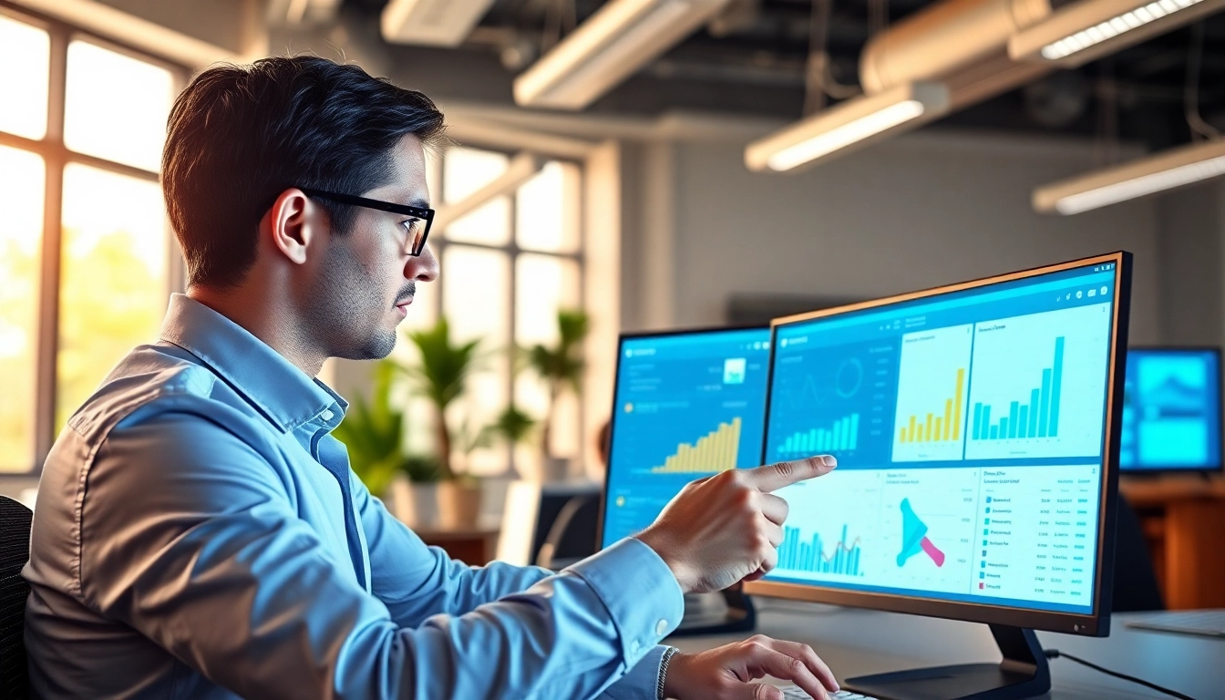 Analyze key features of an smm panel in a modern office setting with vibrant colors.