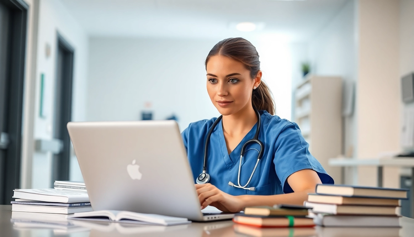 Nursing CEUs online learning session showcasing a dedicated nurse at her workspace.