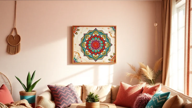 Admire this engaging boho wall art featuring vibrant mandala designs in a cozy setting.
