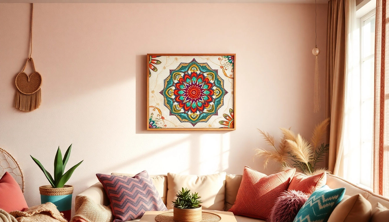 Admire this engaging boho wall art featuring vibrant mandala designs in a cozy setting.