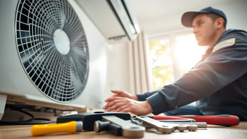 Technician performing Aircon servicing in a bright residential setting with tools and unit.