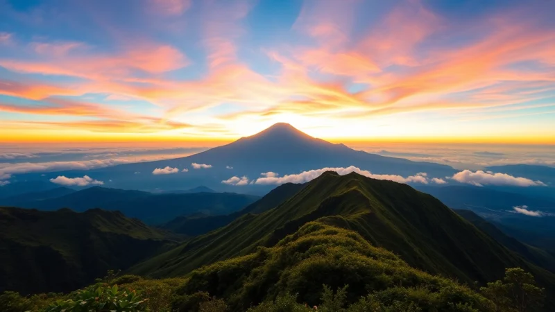 Rinjani trekking through breathtaking landscapes at sunrise with lush trails and vibrant skies.