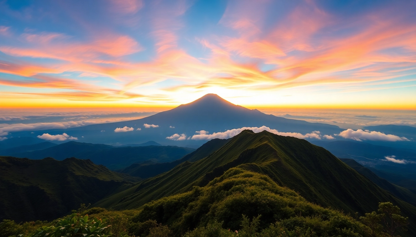 Rinjani trekking through breathtaking landscapes at sunrise with lush trails and vibrant skies.