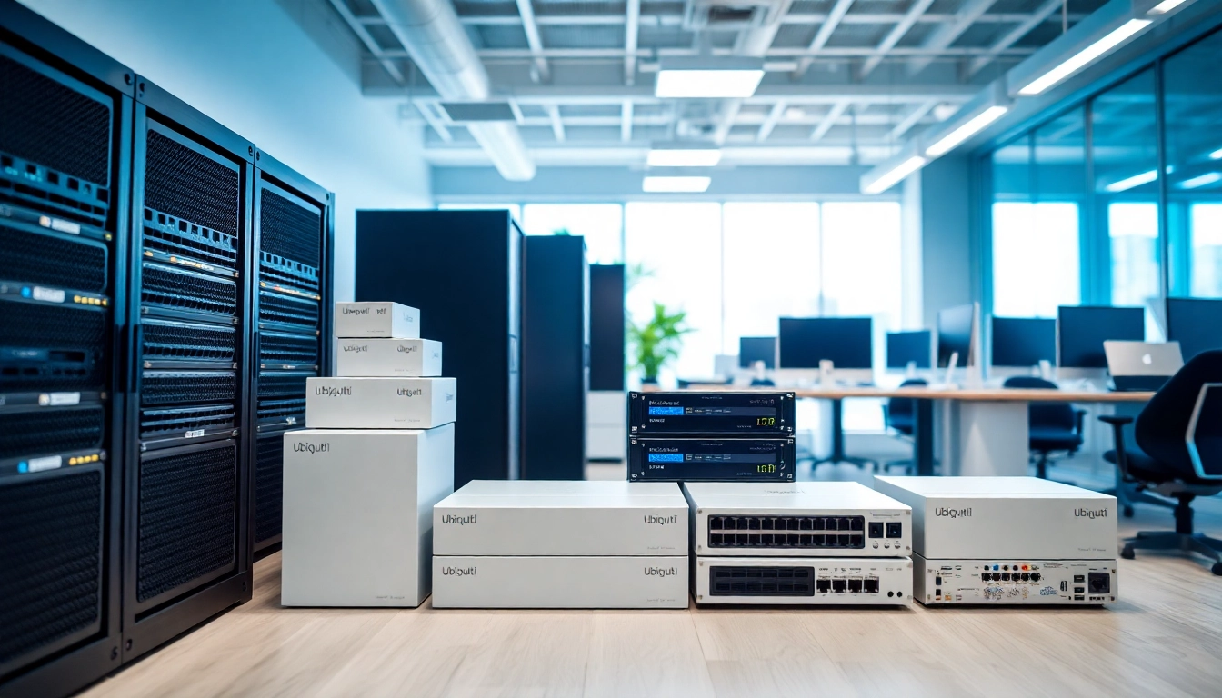 Showcase of Ubiquiti networking devices in a professional office setup.