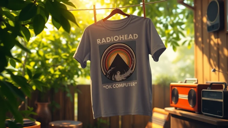 Showcasing a Radiohead shirt featuring iconic album art in a serene setting.