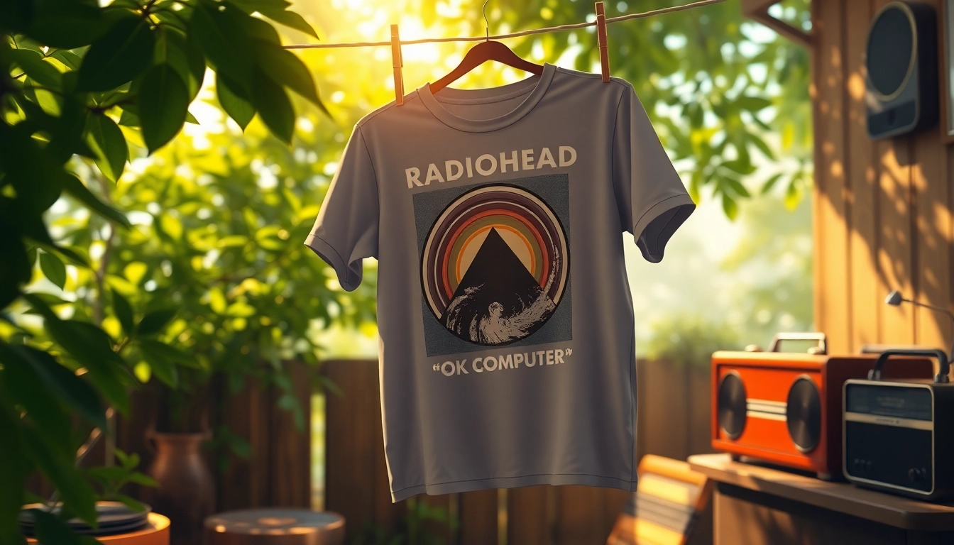 Showcasing a Radiohead shirt featuring iconic album art in a serene setting.