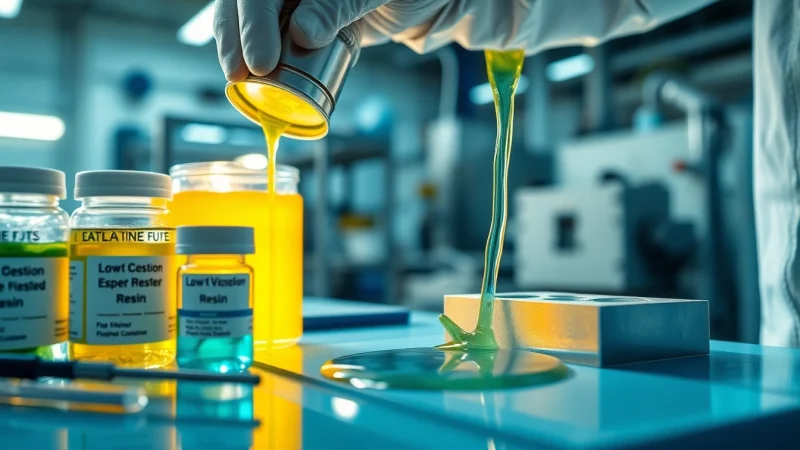 Technician pouring infusion resins into a composite mold, showcasing the fluidity and precision of resin application.