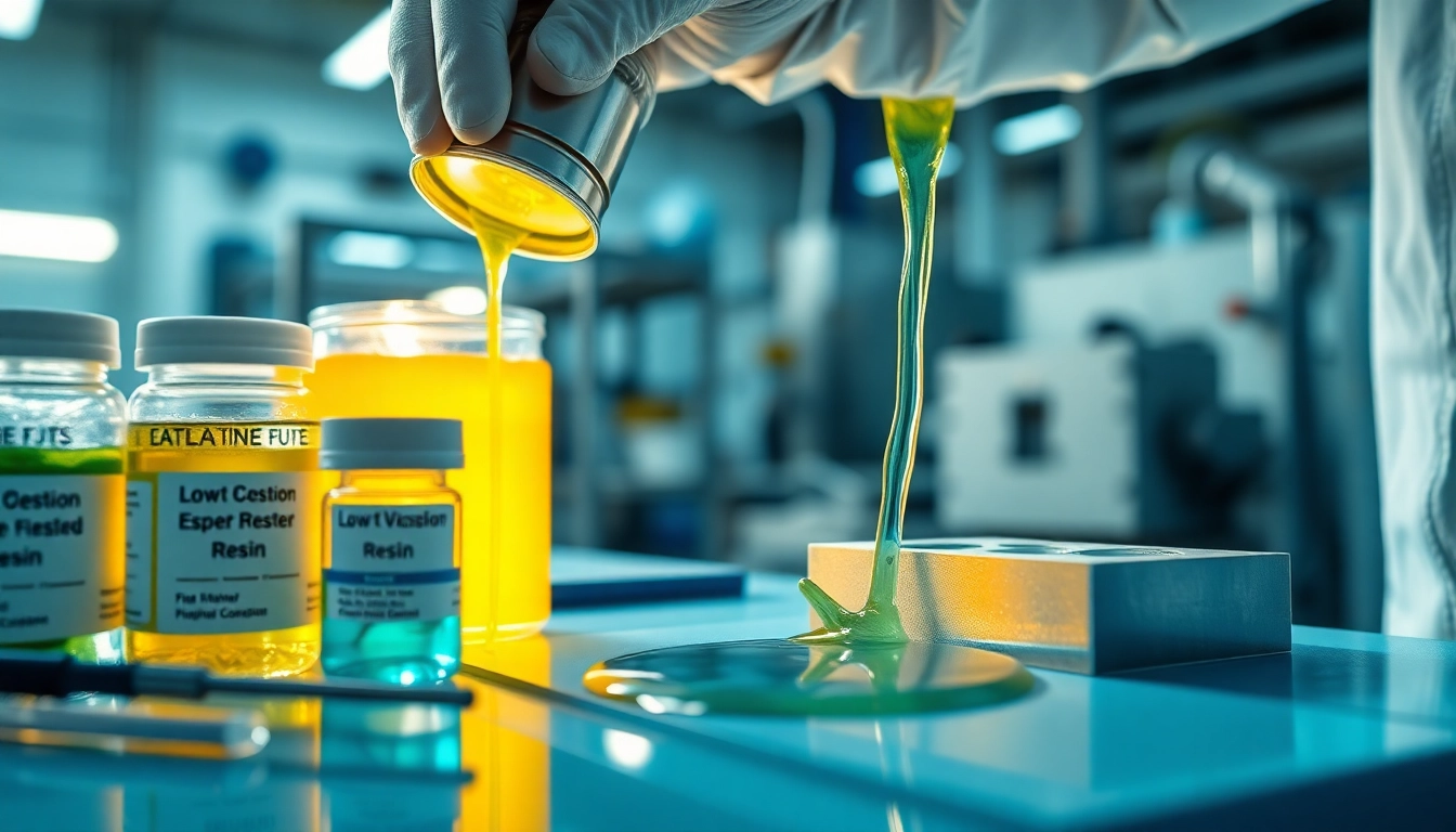 Technician pouring infusion resins into a composite mold, showcasing the fluidity and precision of resin application.