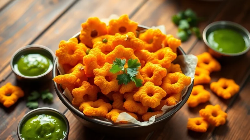 Enjoy bikaneri bhujia, a delightful crunchy snack, served in an elegant bowl with green chutney.