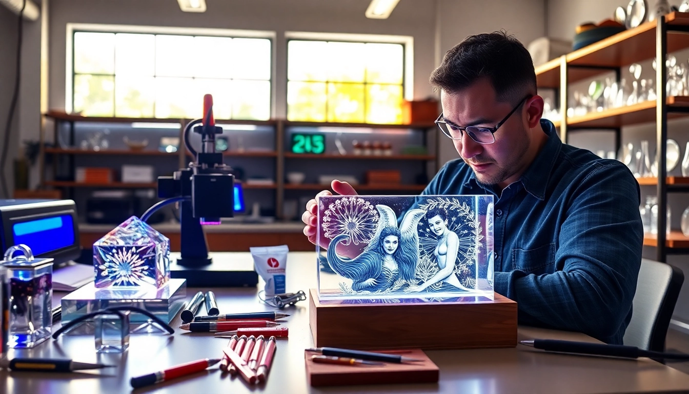Engraving a stunning 3D crystal photo Australia, showcasing craftsmanship and creativity in a modern setting.