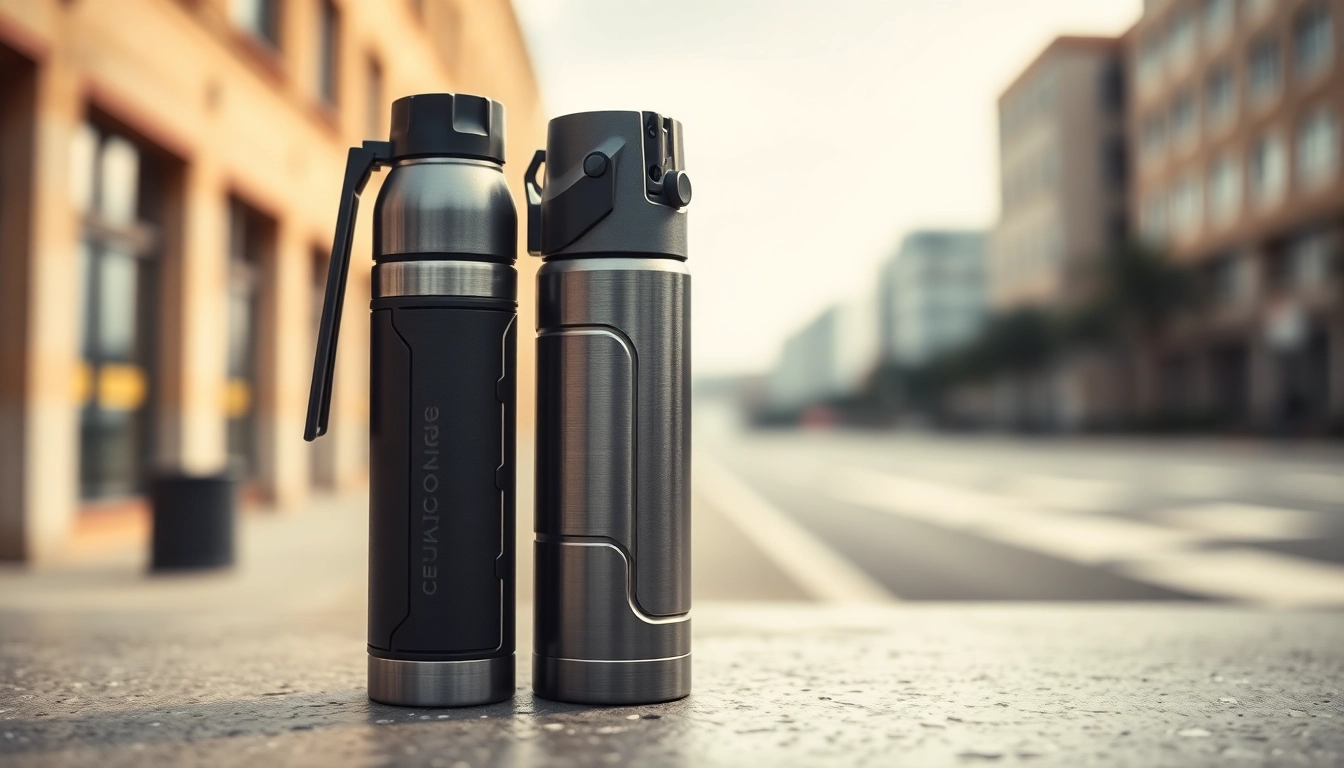 Showcasing pepper spray in an urban setting, emphasizing design details and safety features.