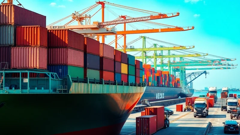 Exports ship loaded with containers at a busy port demonstrating global trade.