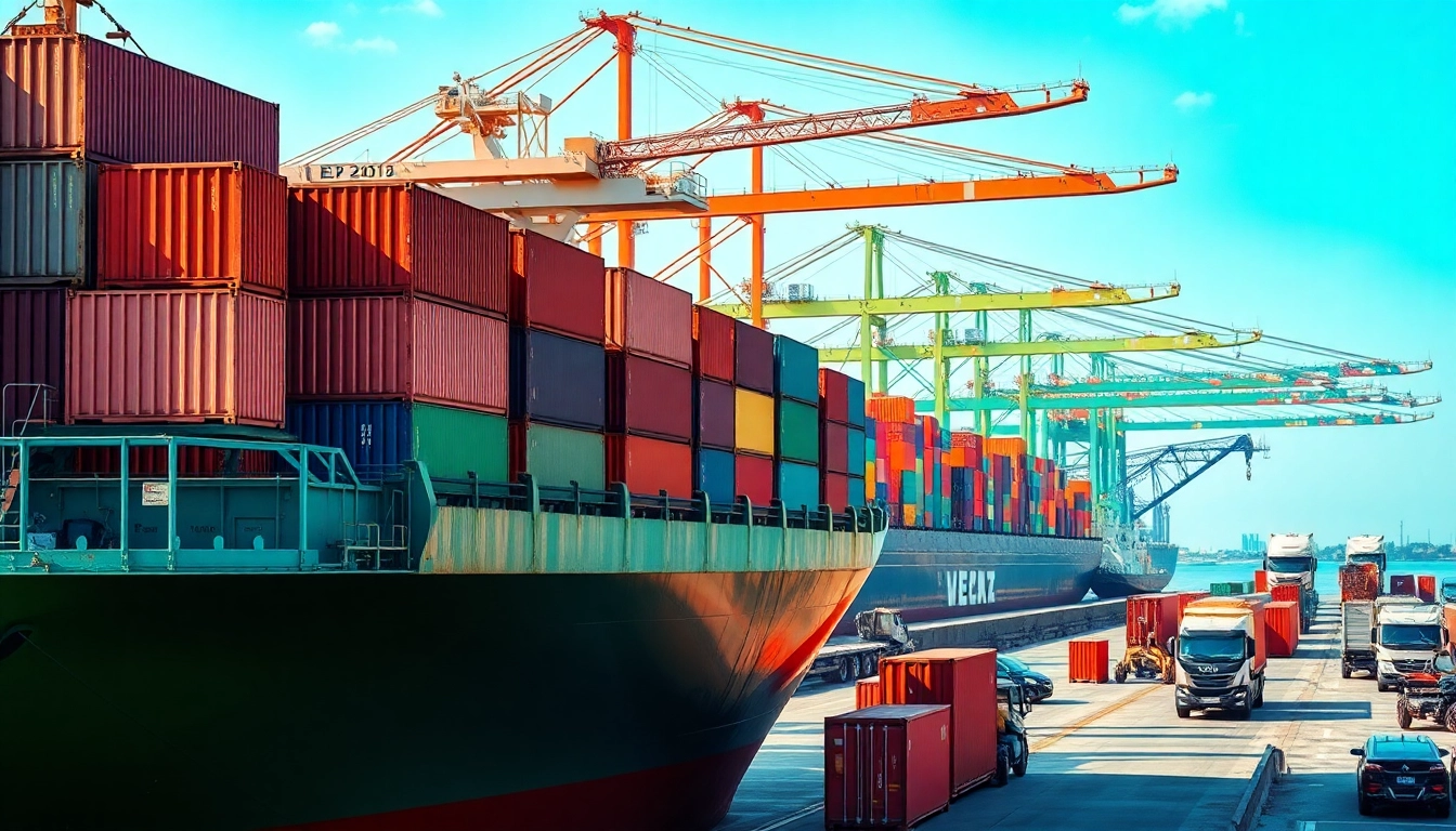 Exports ship loaded with containers at a busy port demonstrating global trade.
