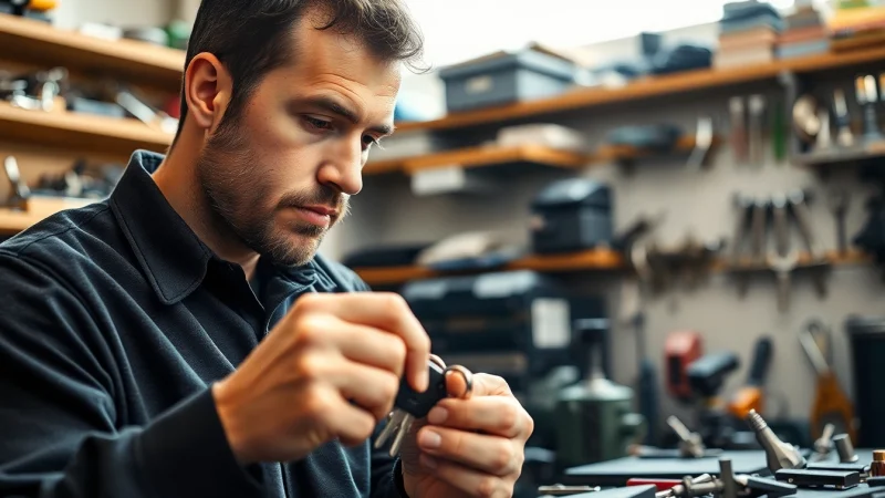Locksmith creating replacement Lost Car Keys in a well-equipped workshop with various tools.