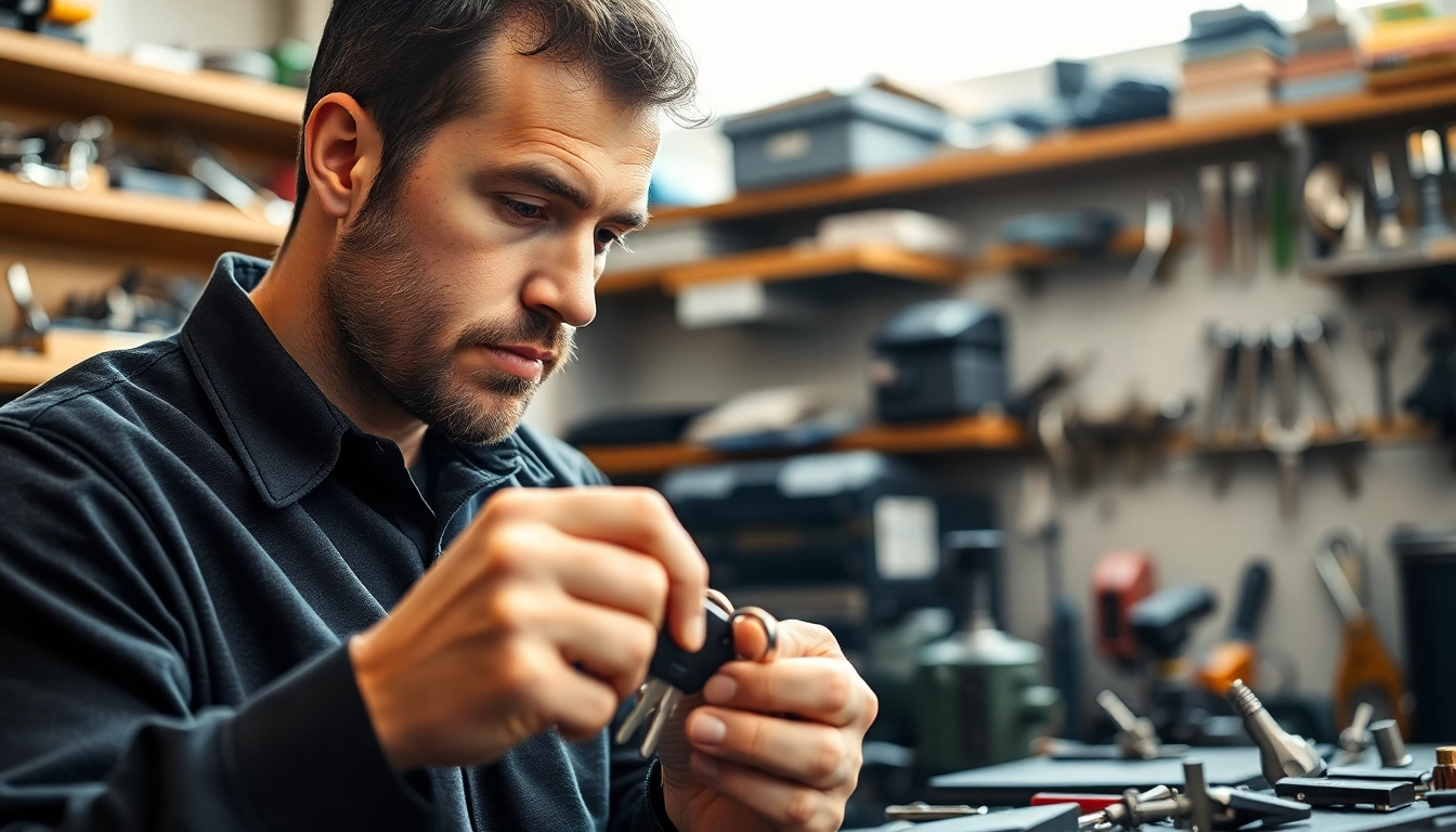 Locksmith creating replacement Lost Car Keys in a well-equipped workshop with various tools.