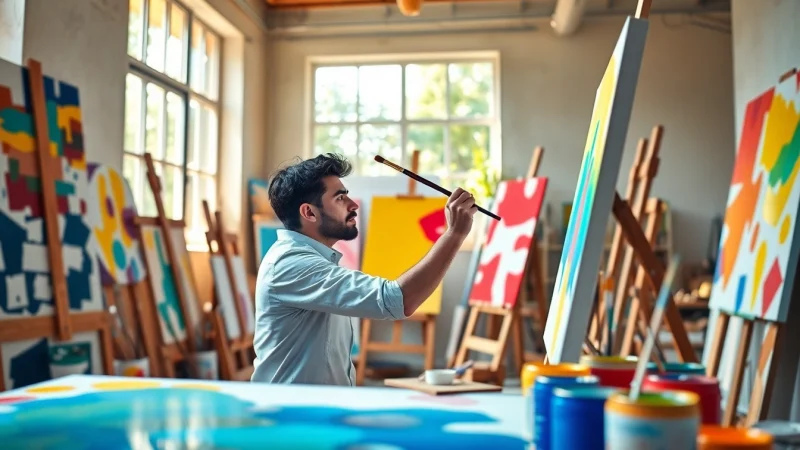 Find skilled painters near me creating beautiful artwork in a vibrant studio filled with colors.