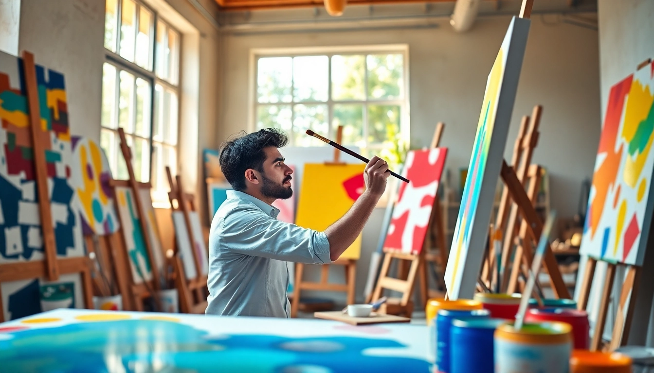 Find skilled painters near me creating beautiful artwork in a vibrant studio filled with colors.