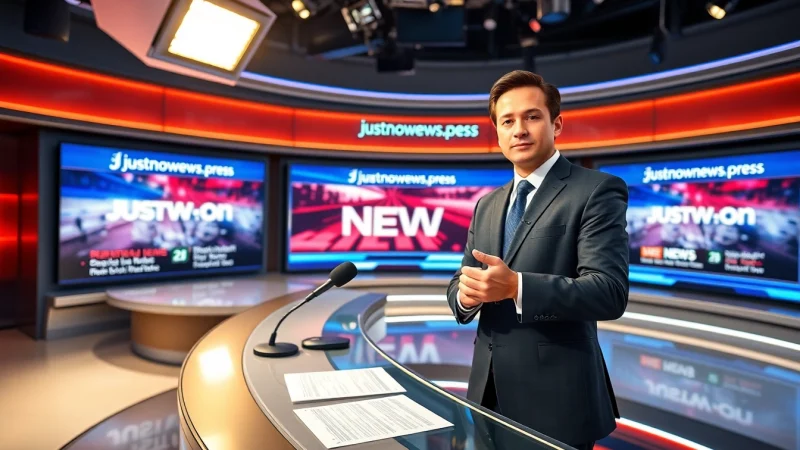 Engaging news anchor reporting content from justnownews.press in a modern newsroom.