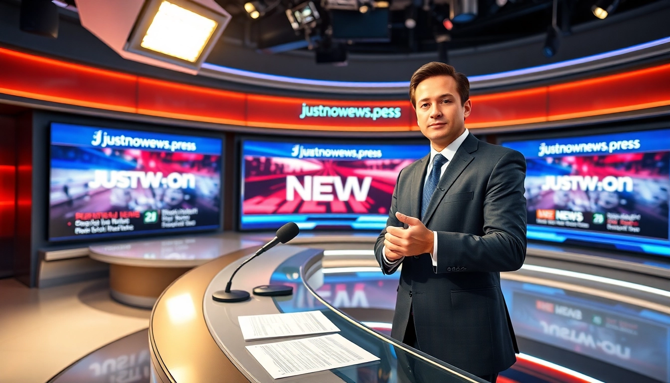 Engaging news anchor reporting content from justnownews.press in a modern newsroom.