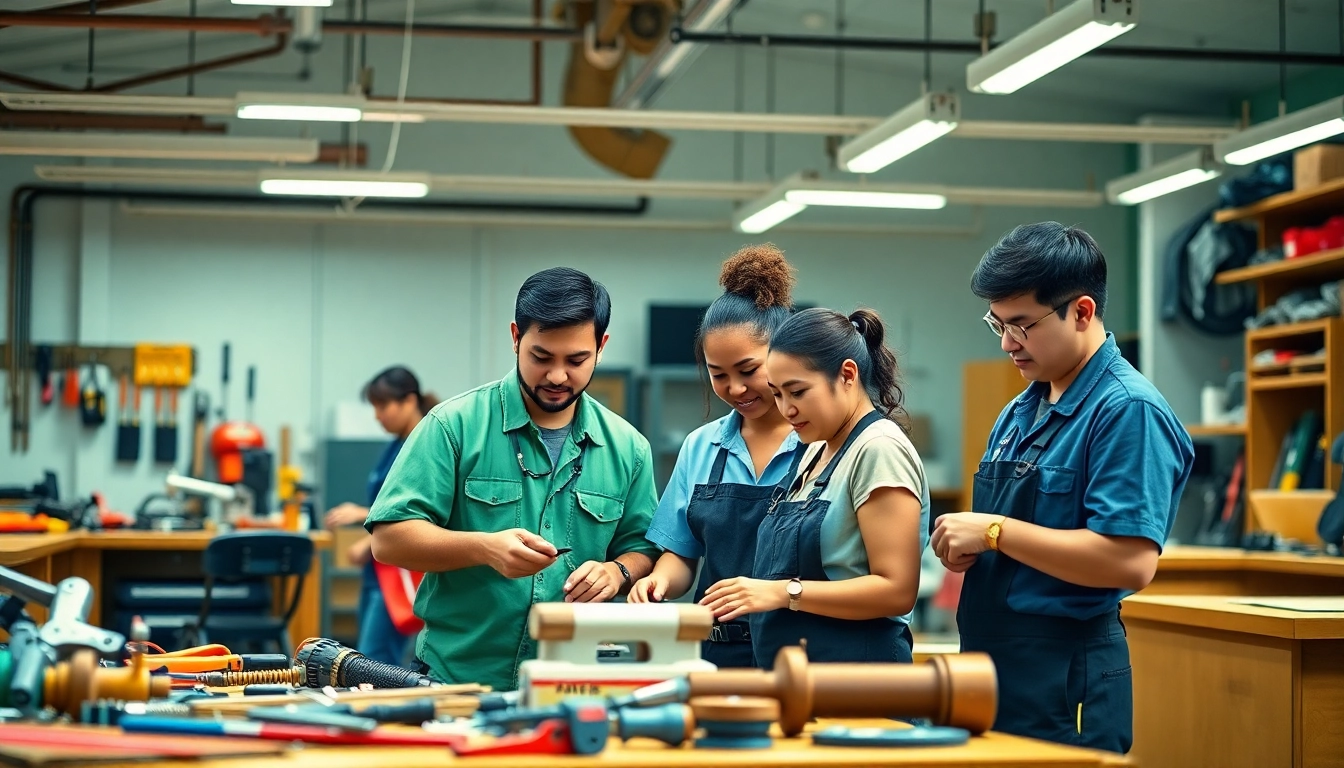 Students learning hands-on skills at trade schools in Hawaii through collaborative training.