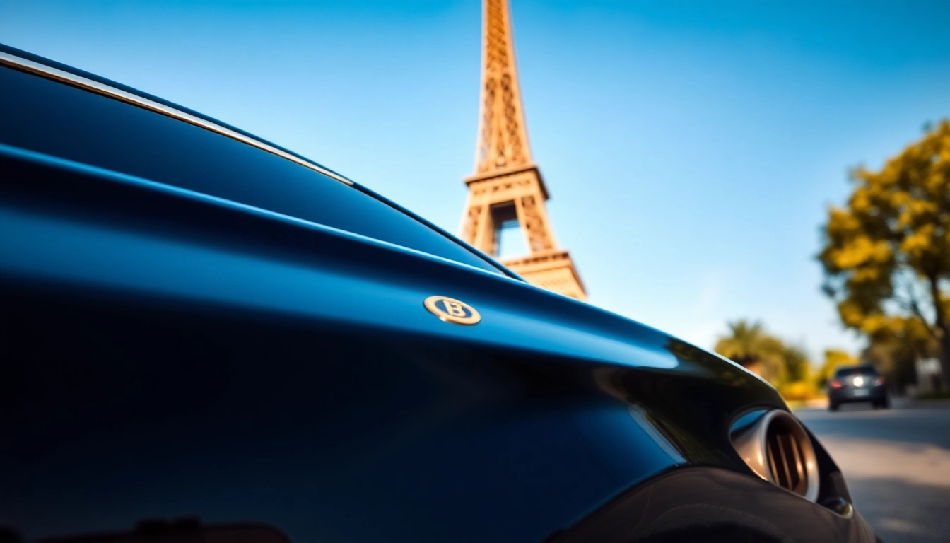 Chauffeur privé dans une berline luxueuse devant la Tour Eiffel à Paris