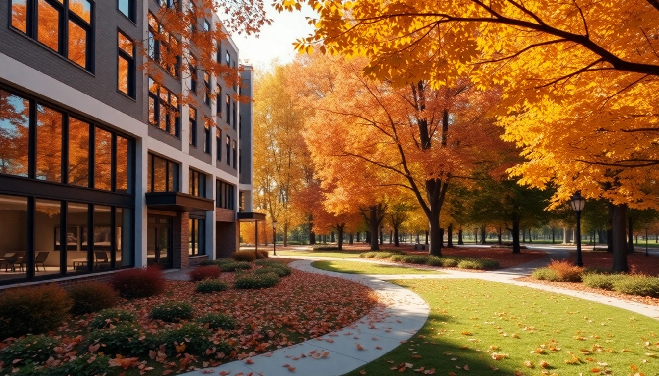 Showcase of Prestige Autumn Leaves residential project amidst autumn foliage, highlighting modern design.