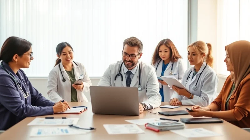 Marketers analyzing a general practitioner email list in a collaborative healthcare meeting.