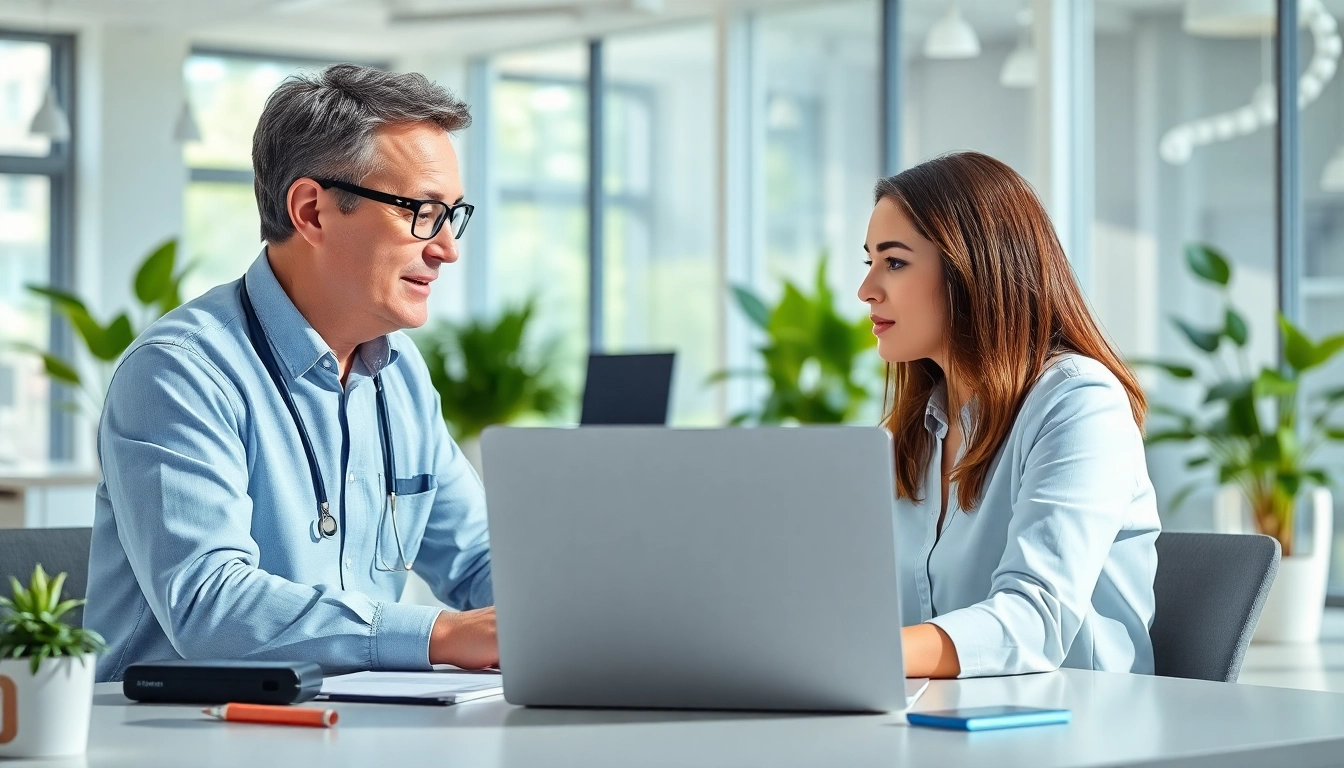 Providing computer help with a technician assisting a client in a professional environment.