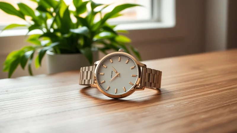 Elegante Damen Armbanduhr mit minimalistischem Design auf einem Holztisch.