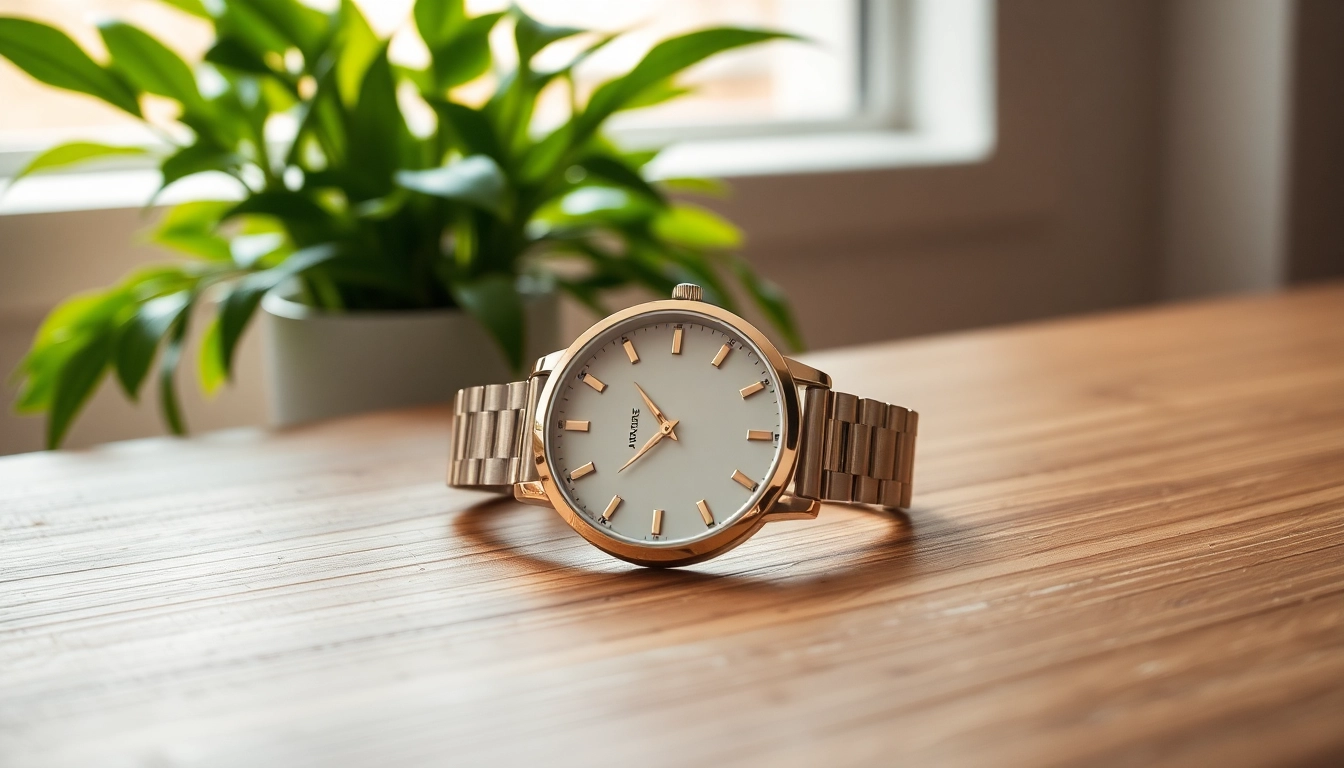 Elegante Damen Armbanduhr mit minimalistischem Design auf einem Holztisch.