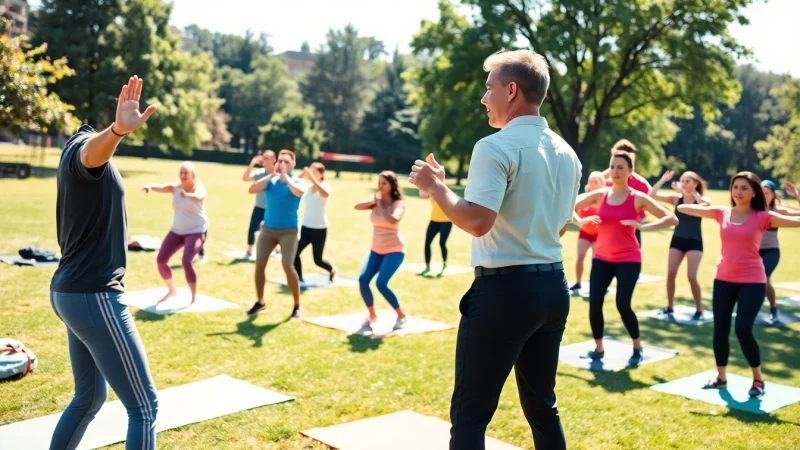 personal trainer leading an outdoor workout session with diverse participants engaging in exercises