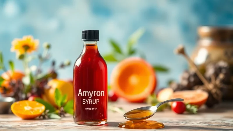 Explore amyron syrup uses in hindi with a focus on its health benefits, featuring a syrup bottle and natural ingredients.