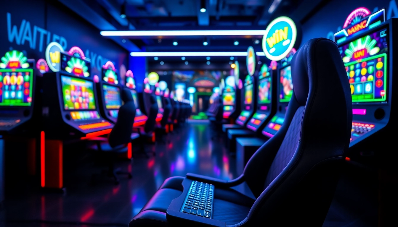 Menampilkan pengalaman permainan meriah4d dengan kursi gaming dan layar slot yang berwarna-warni.