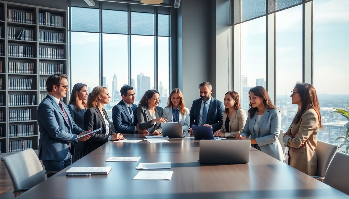 Engaging team of lawyers discussing their attorney email list strategy in a modern office.