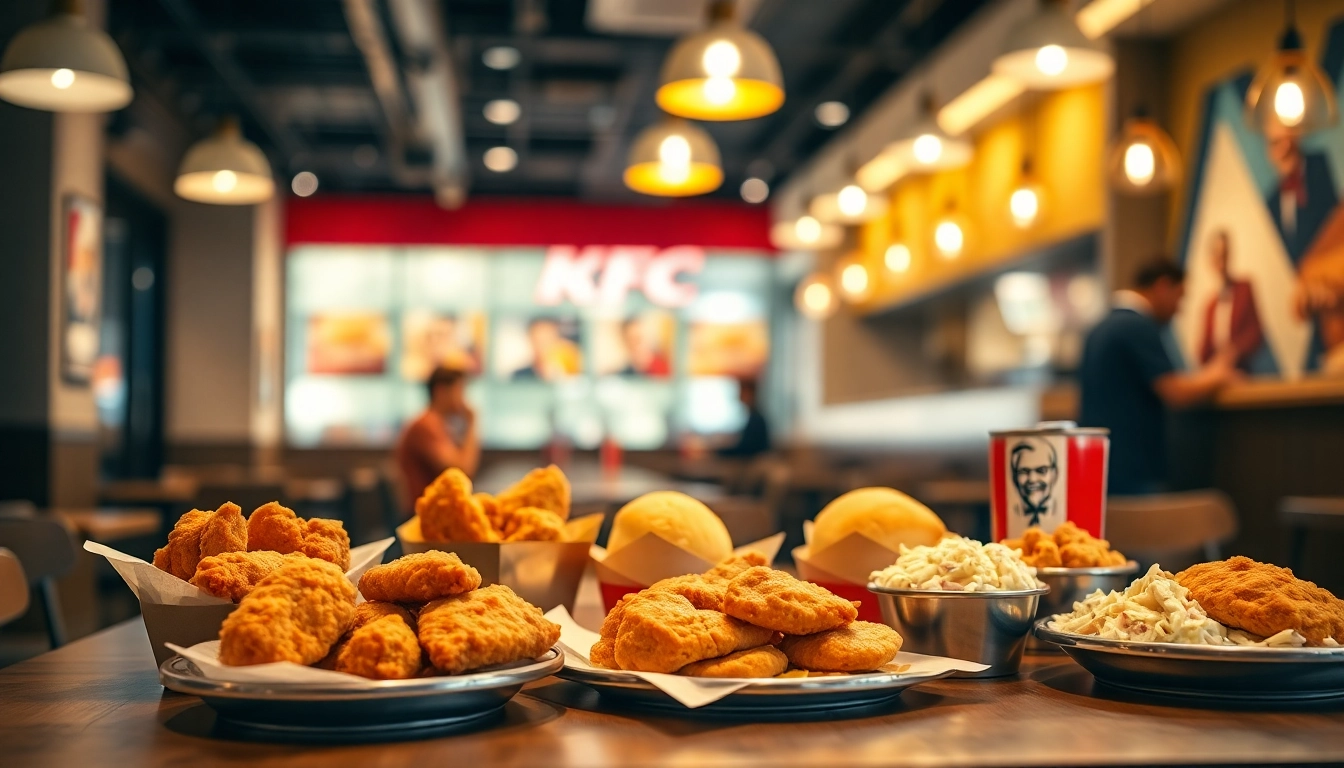 Explore the tantalizing kfc menu featuring fried chicken, biscuits, and sides in a vibrant restaurant setting.
