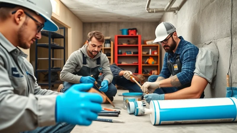 Trusted basement sealing company near me Geneva applying waterproofing solutions in a basement.
