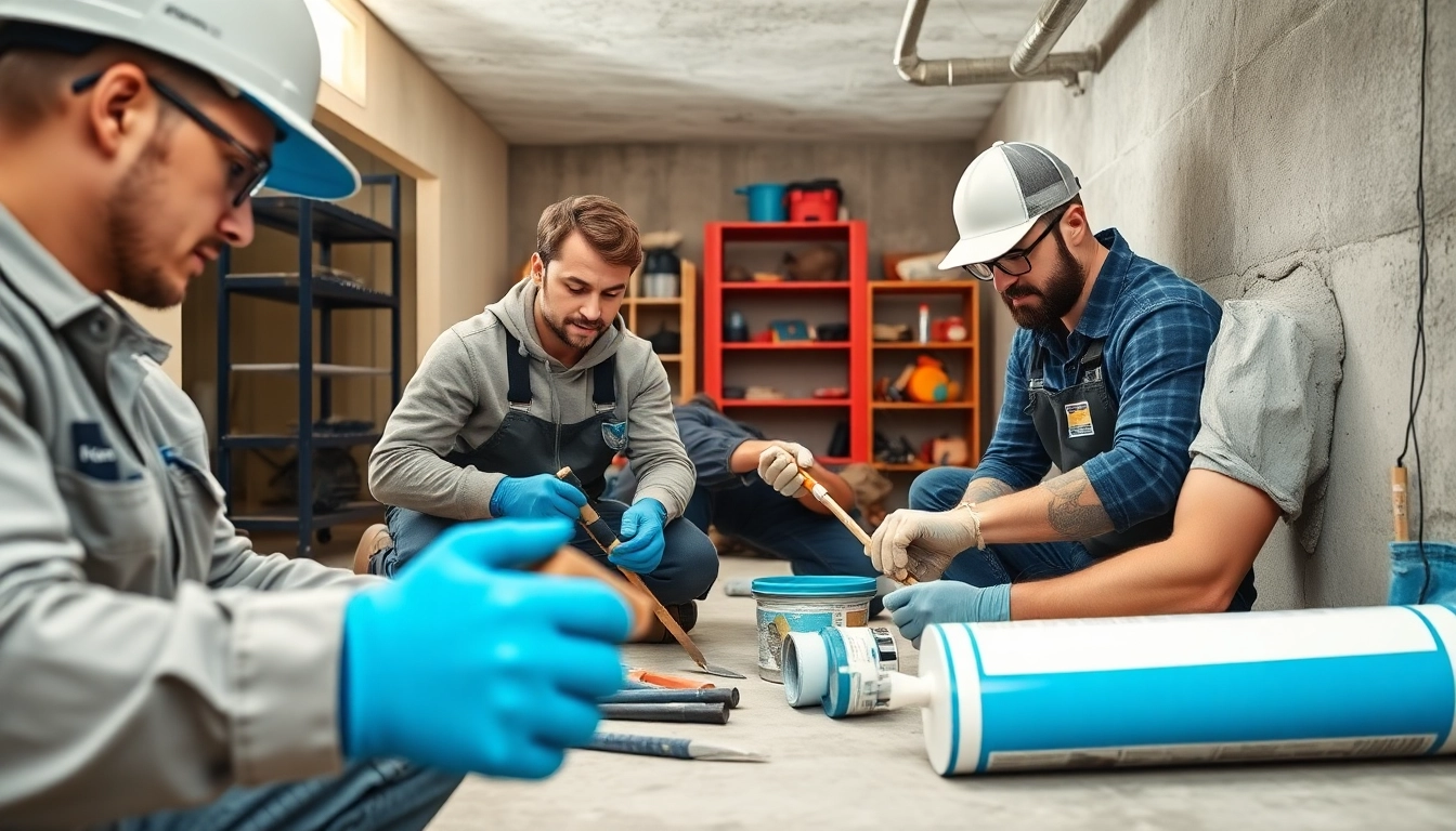 Trusted basement sealing company near me Geneva applying waterproofing solutions in a basement.