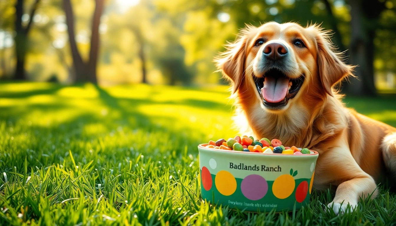 Dog enjoying badlands ranch dog food canada in a lush green outdoor setting