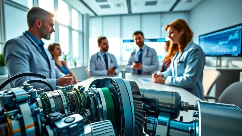 Engaged professionals discussing the medical device manufacturers email list in a modern office setting.