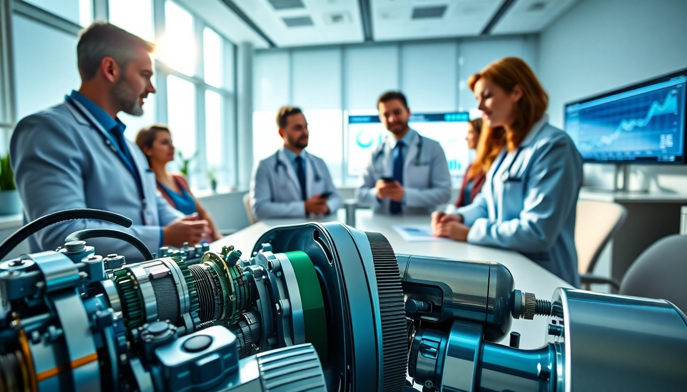 Engaged professionals discussing the medical device manufacturers email list in a modern office setting.