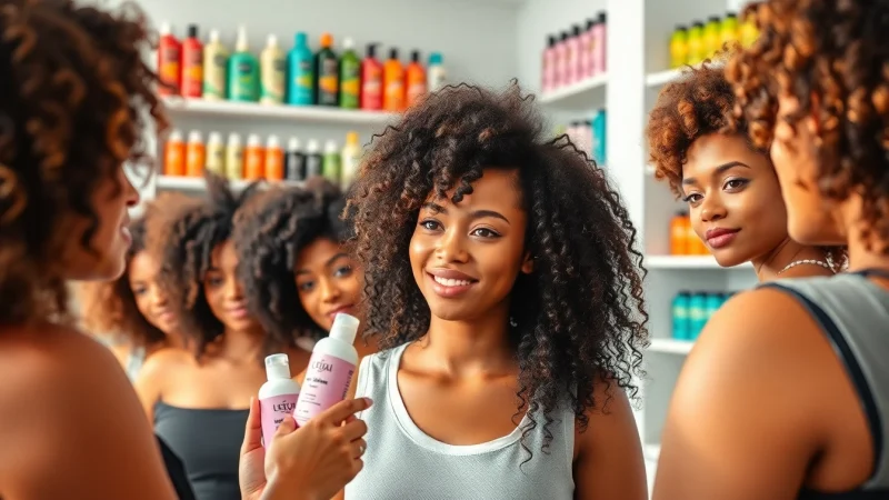 Stylist applying curly hair products to models showcasing various curl types in a vibrant salon.