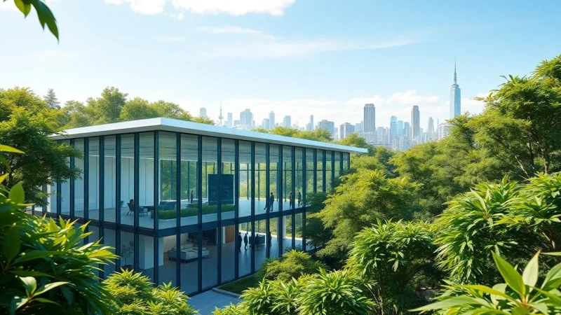 Visualisierung Architektur zeigt moderne 3D-Darstellung eines Gebäudes in einer lebendigen Umgebung.