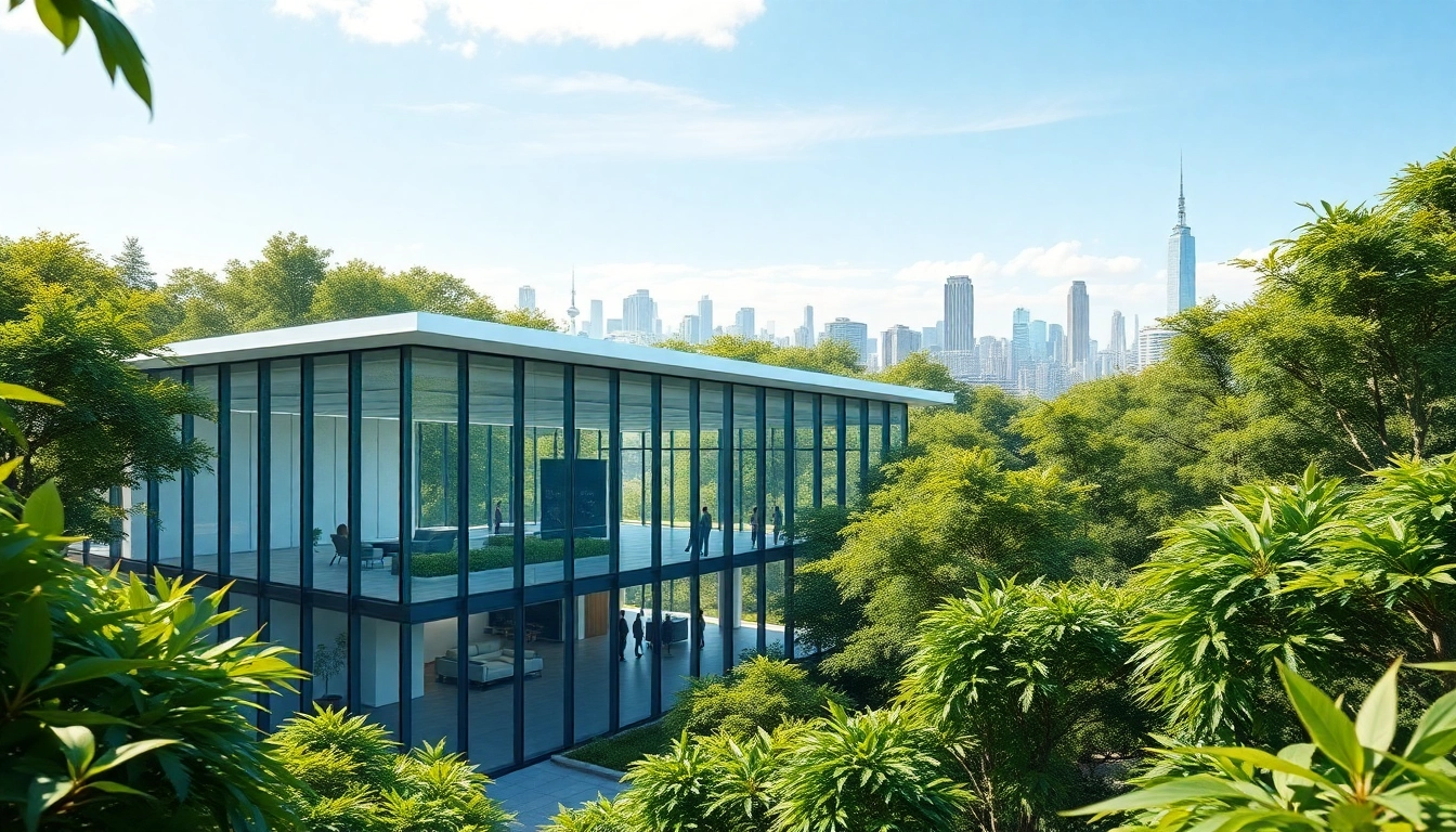 Visualisierung Architektur zeigt moderne 3D-Darstellung eines Gebäudes in einer lebendigen Umgebung.