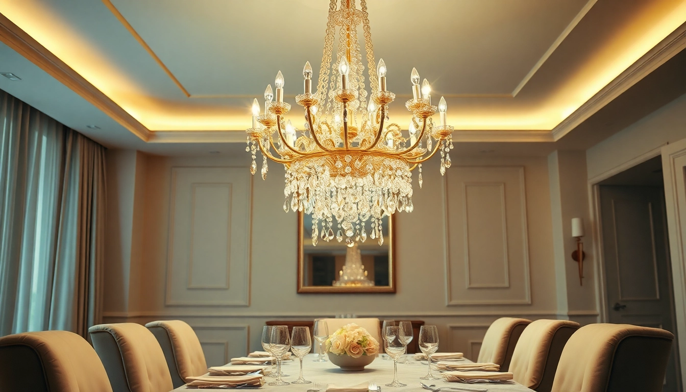 Bright dining room chandelier illuminating an elegant table setup with plush seating.