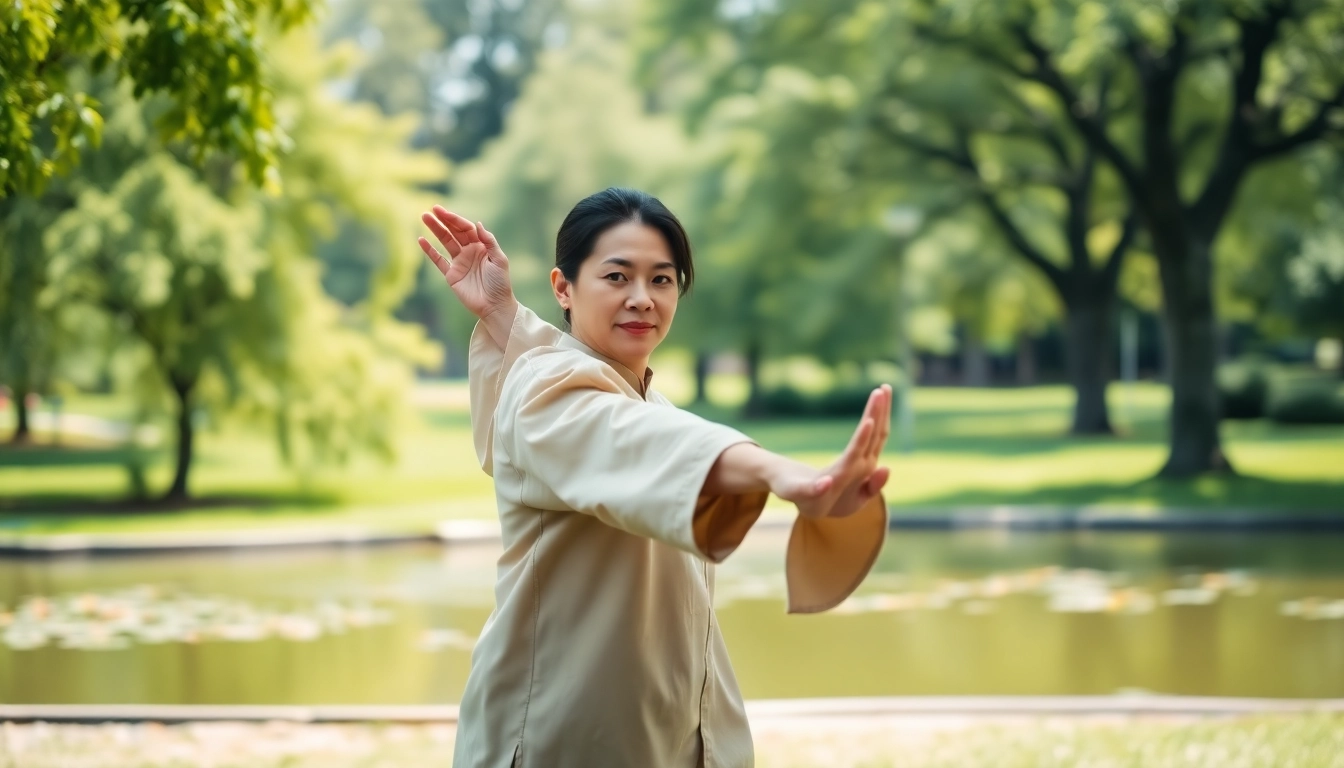 Angie Sierra demonstrating Tai Chi in a serene park, showcasing elegance and fluidity.