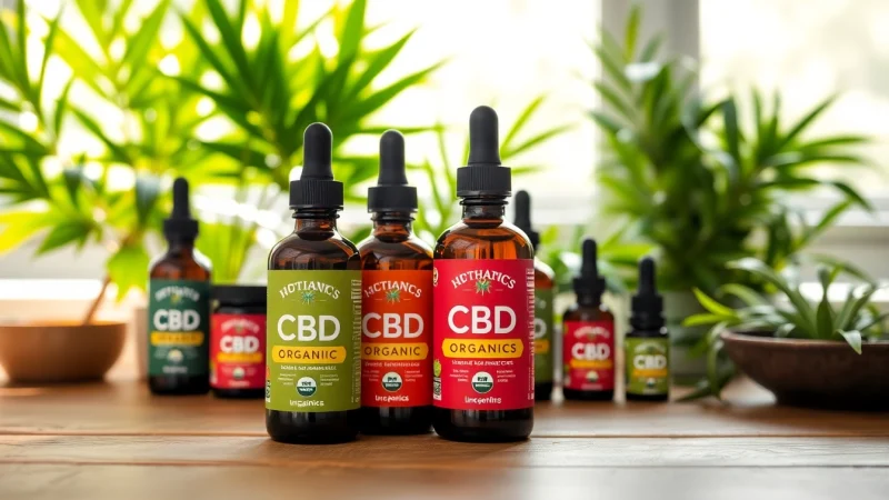 Showcasing cbd organics products on a wooden table surrounded by greenery.