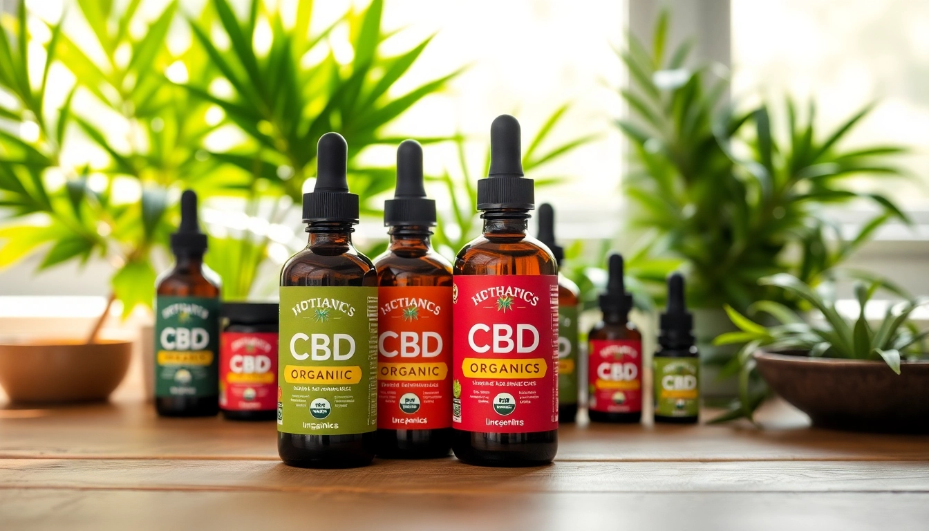 Showcasing cbd organics products on a wooden table surrounded by greenery.